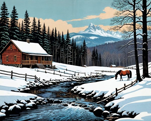 Winter Landscape with Cabin and Snowy Fields