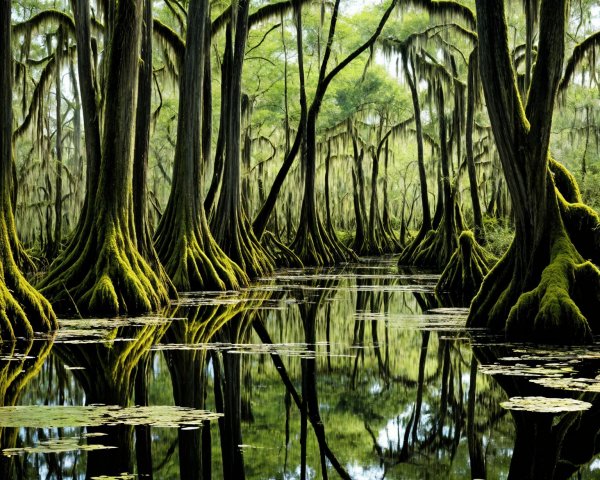 Lush Swamp Scene with Cypress Trees and Lily Pads