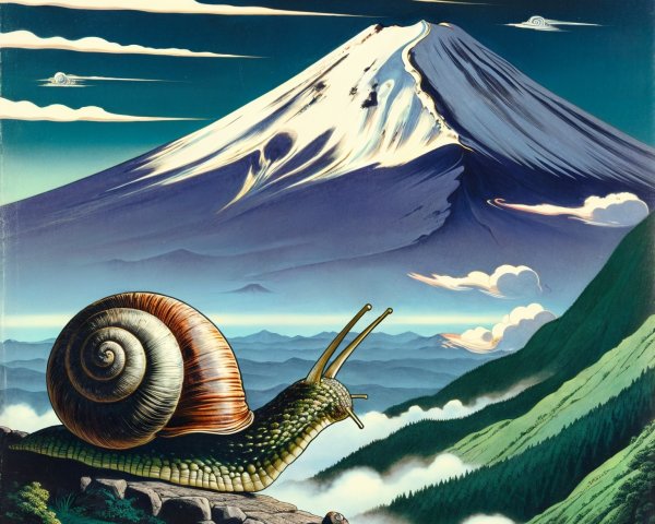 Snail on Rocky Path with Snow-Capped Mountain View