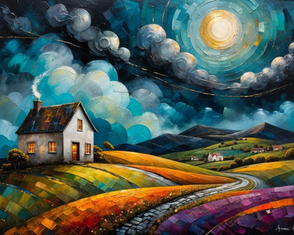 Vibrant Landscape with Colorful House and Hills
