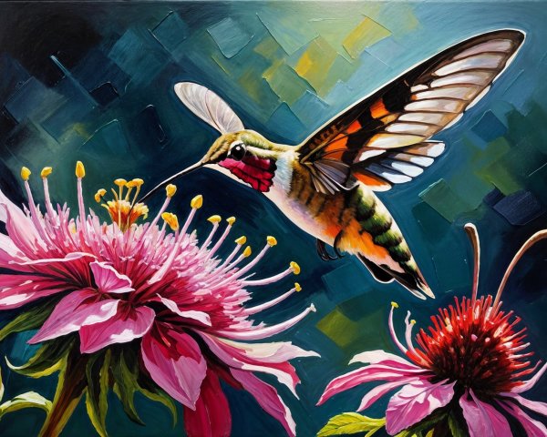 Hummingbird Near Pink Flowers with Geometric Background