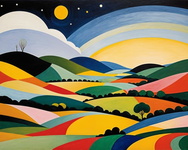 Vibrant Landscape with Rolling Hills and Celestial Elements