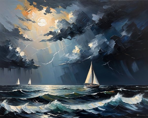 Dramatic Seascape with Sailboats and Stormy Sky
