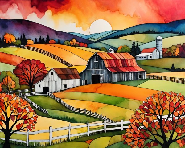 Vibrant Watercolor Landscape with Autumn Foliage