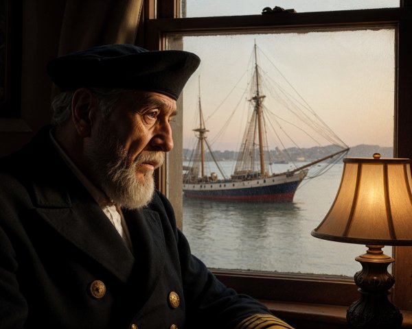 Weathered Captain in Navy Uniform by Window at Sunset