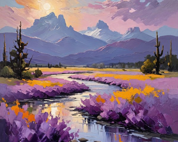 Vibrant Landscape with River and Sunset Over Mountains