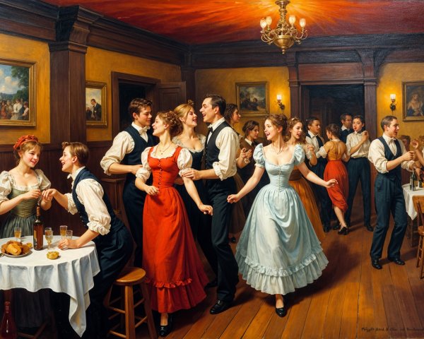Lively Dance Scene in Rustic Hall with Period Attire