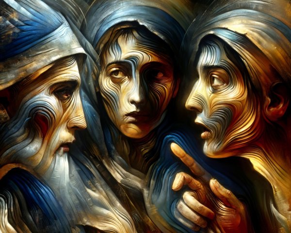 Three Figures with Expressive Faces and Swirling Patterns
