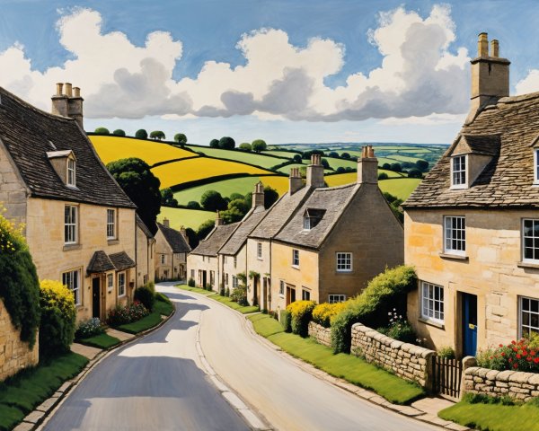 Charming Rural Scene with Cottages and Rolling Hills