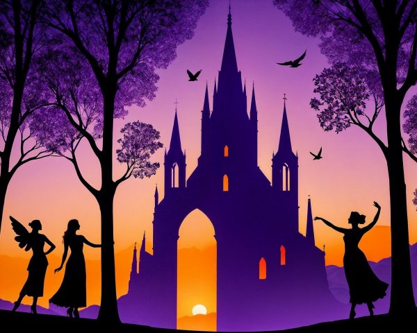Castle Silhouette at Sunset with Figures and Trees