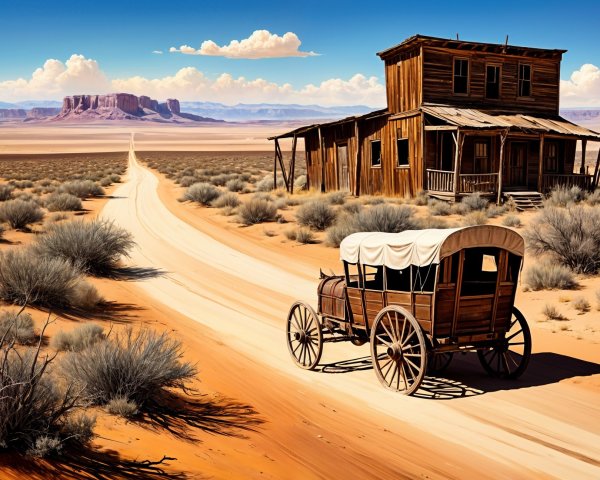 Rustic Wagon on Dusty Road in Desert Landscape