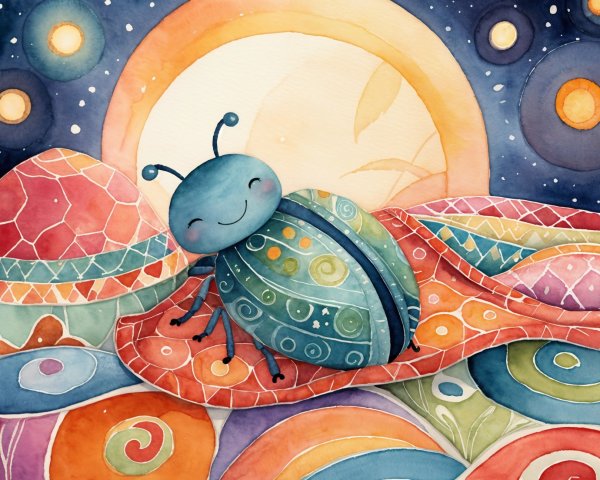 Cheerful blue beetle in vibrant abstract landscape