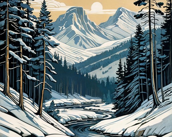 Serene Winter Landscape with Snowy Mountains and River