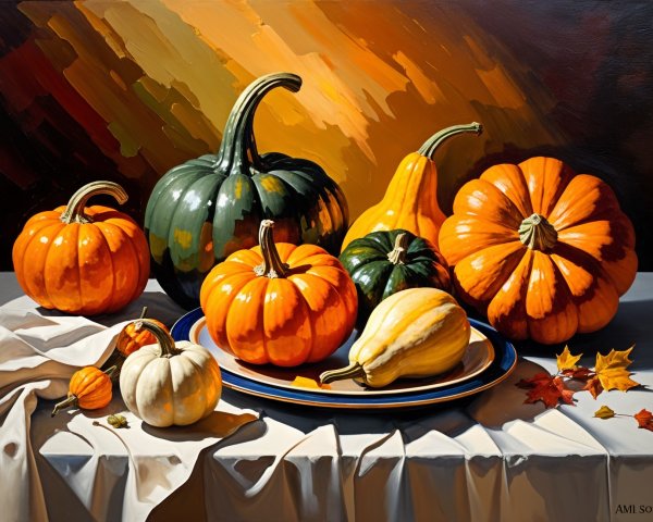 Vibrant Still Life of Colorful Pumpkins and Gourds