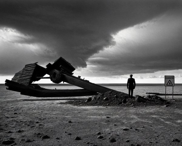 Solitary Figure Amidst Stormy Sky and Shipwreck Structure