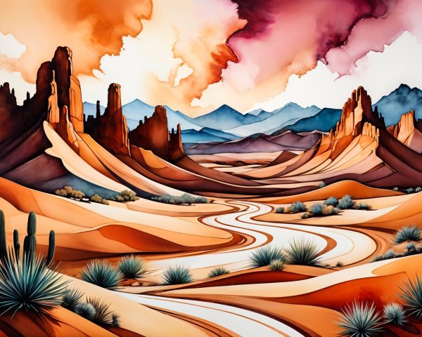 Vibrant Desert Landscape with Dunes and River