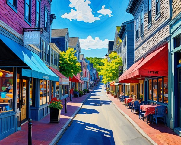Vibrant Street Scene with Colorful Storefronts and Cafes