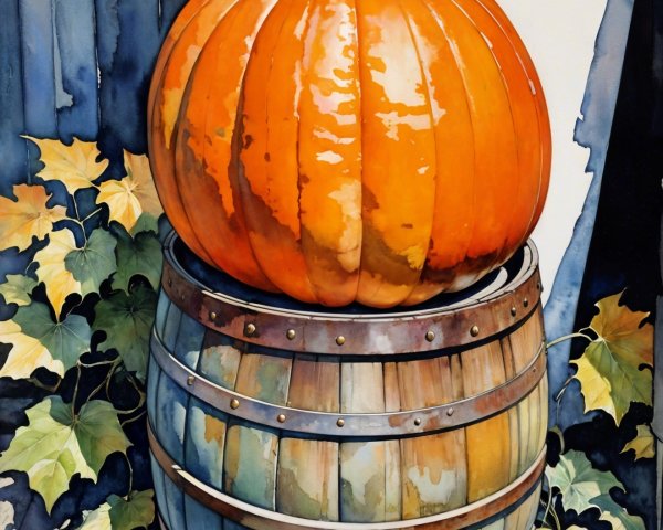 Large Orange Pumpkin on Wooden Barrel with Green Leaves