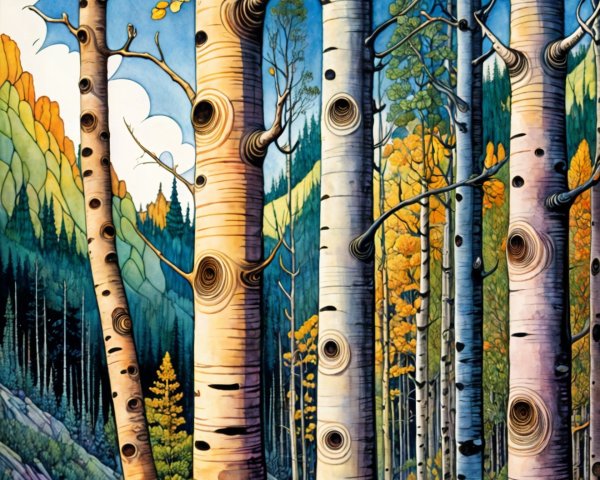 Vibrant Forest Scene with Autumn Colors and Blue Sky