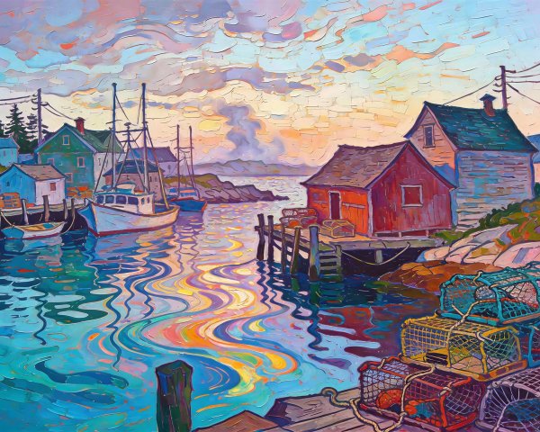 Colorful Painting of a Fishing Village at Sunset