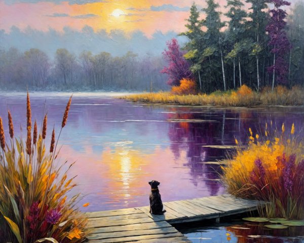 Serene lake at sunrise with vibrant reflections and trees