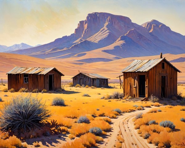 Arid Landscape with Wooden Shacks and Mountains