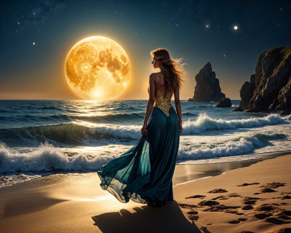 Woman in teal gown on beach under full moonlight