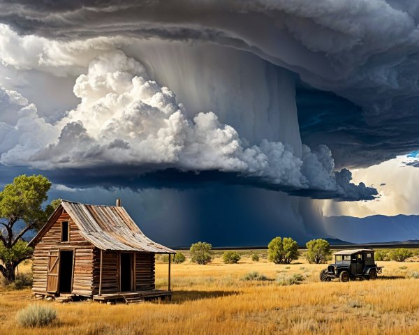Rustic Cabin in Golden Landscape Under Stormy Sky