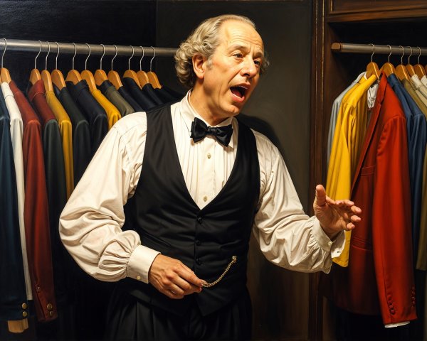 Man in Tuxedo Gestures Before Colorful Wardrobe