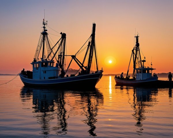 Fishing boats on calm waters at sunset with reflections