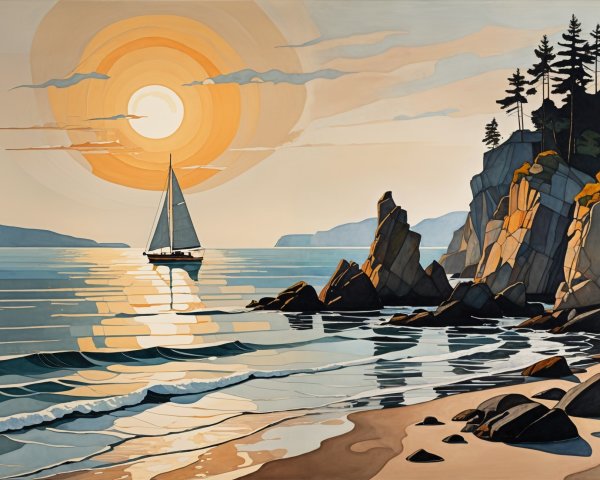 Golden Sunset Over Calm Waters and Rocky Cliffs