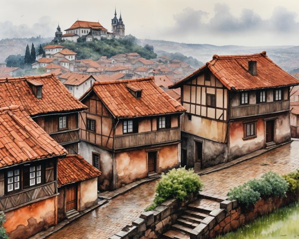 Serene village scene with rustic houses and landscape