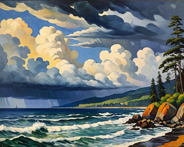 Vibrant Coastal Scene with Waves and Dramatic Sky