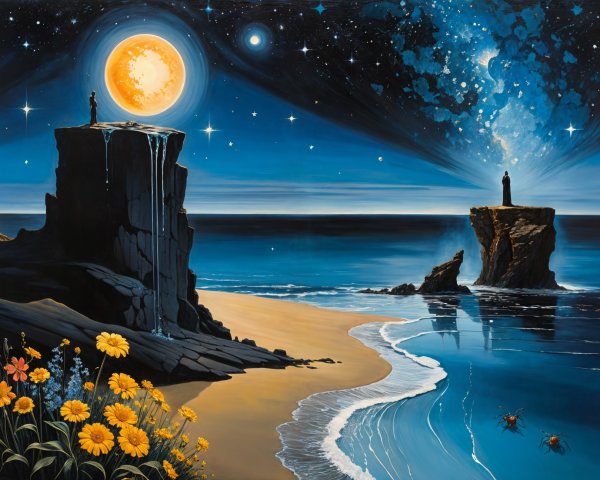 Surreal Seascape with Cliffs and Cosmic Elements