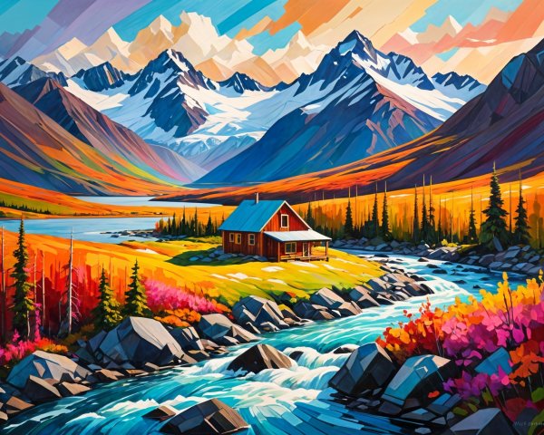 Vibrant Autumn Landscape with Cabin by River