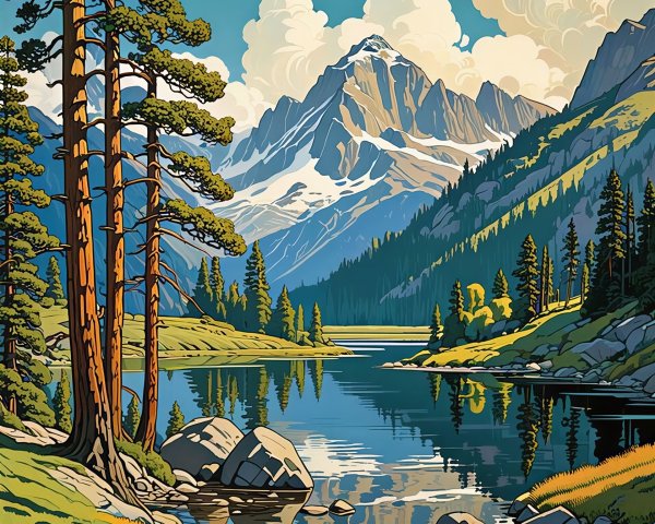 Colorful Mountain Lake Illustration with Pine Trees