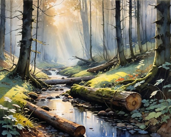 Serene forest scene with golden light and stream