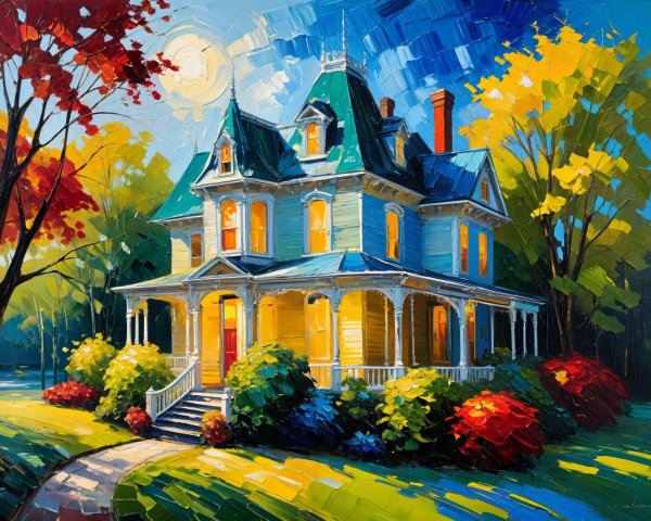 Colorful Victorian House Surrounded by Autumn Foliage