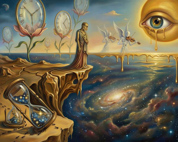 Surrealist Oil Painting of Cosmic Ocean and Cliff