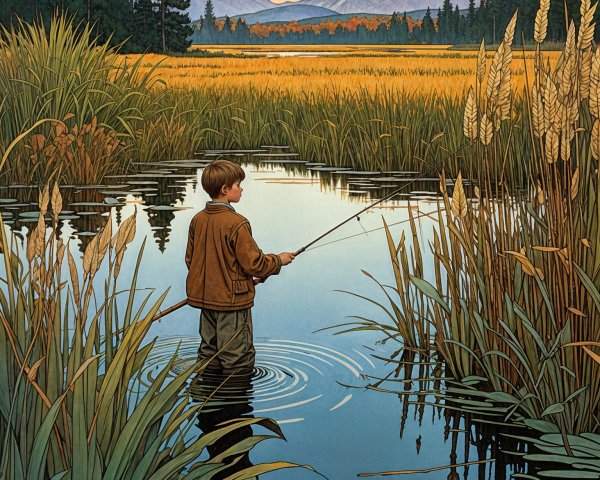 Young boy fishing in serene sunset landscape