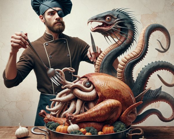 Whimsical Kitchen Scene with Chef and Fantasy Creature