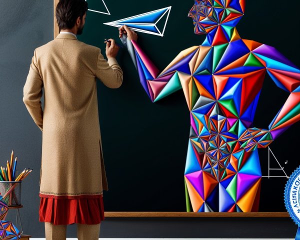 Man in traditional attire with geometric chalkboard art