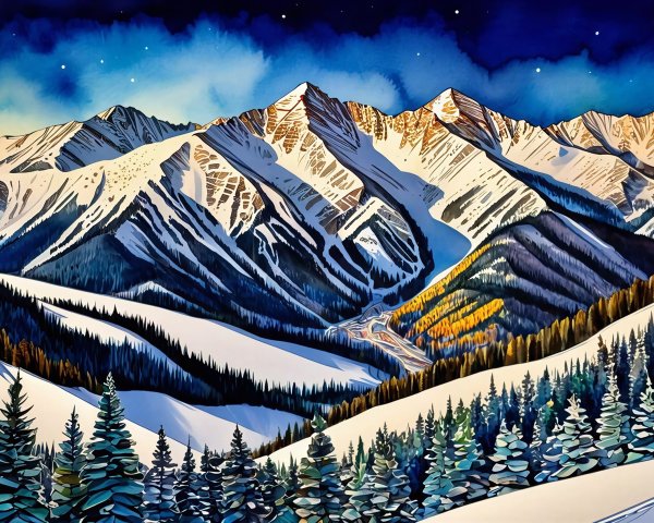 Watercolor of Twilight Mountain Range with Pine Trees
