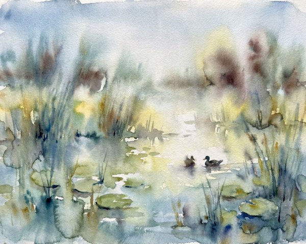 Watercolor Painting of a Tranquil Pond with Ducks