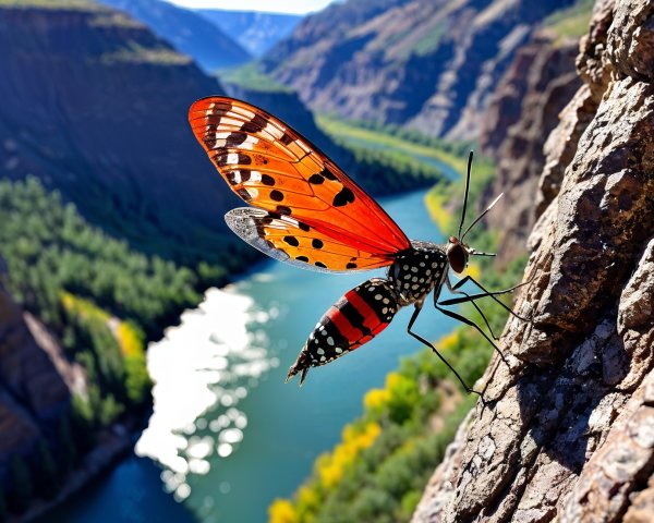 Butterfly on Rocky Surface by Serene River Landscape