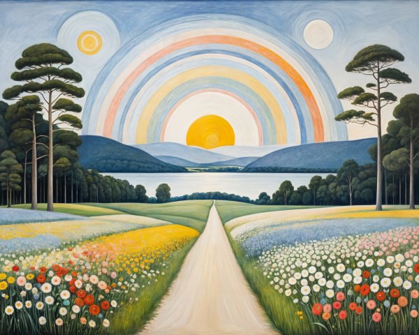 Vibrant Landscape with Winding Road and Serene Lake