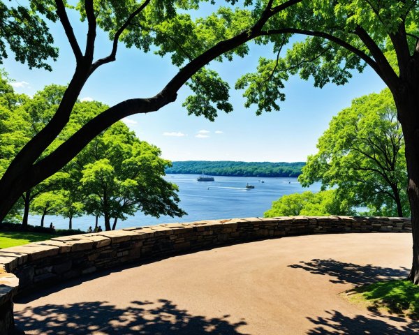 Serene Landscape with River, Trees, and Sailboats