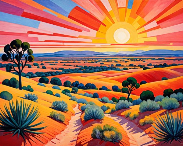Vibrant Landscape with Rolling Hills and Sunrise Colors