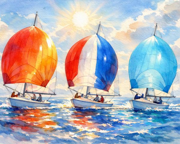 Vibrant Watercolor of Sailboats Racing on Blue Sea