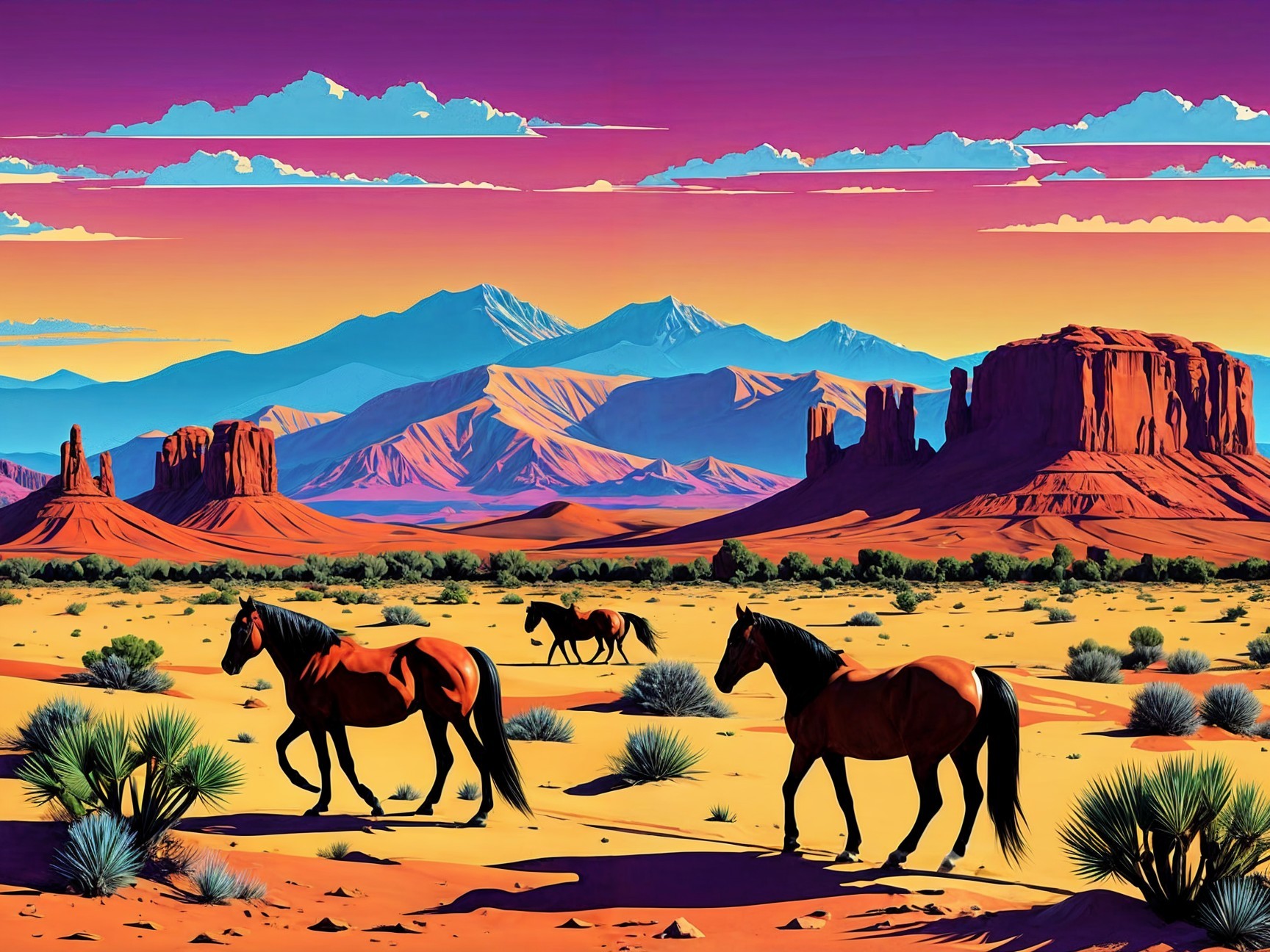 Vibrant Desert Landscape with Galloping Horses at Sunset